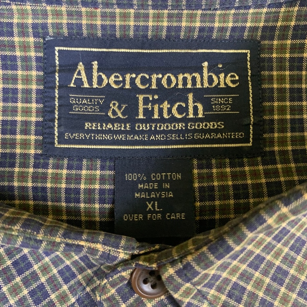 Abercrombie & Fitch Shirt Mens XL Blue Tan Plaid Cotton Button Down Y2K - Picture 3 of 7
